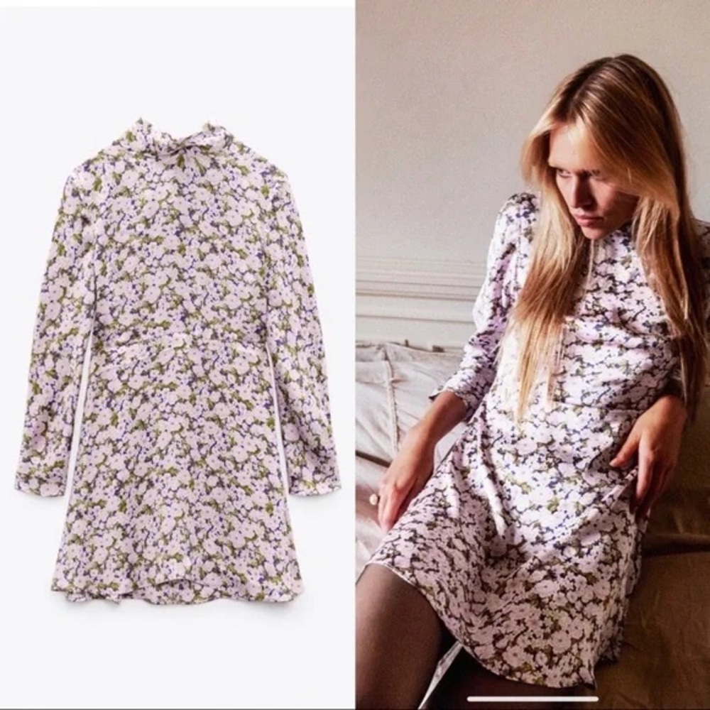ZARA FLORAL PRINT MOCK NECK MINI‎ DRESS PINK PURPLE medium